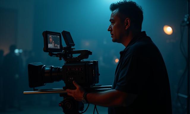Professional videographer filming on set with high-end camera equipment